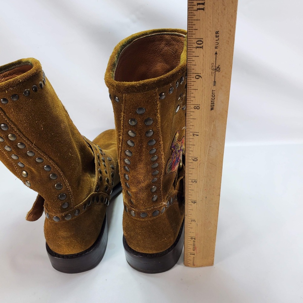 Anthropologie Frye Natalie Studded Embroidered Engineer Boots 7.5 Suede Mid Calf - Picture 6 of 11